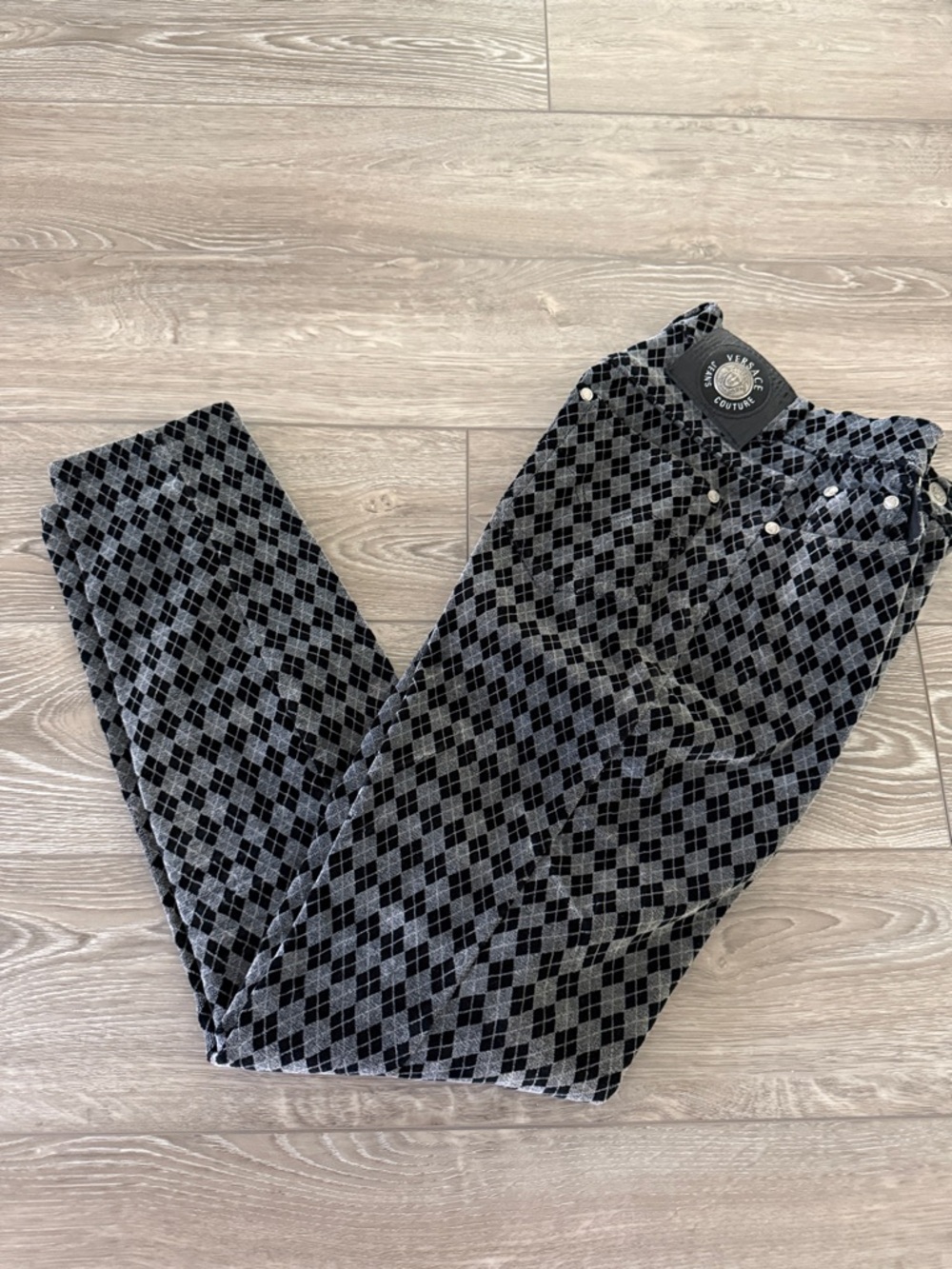 Vintage Versace Jeans Couture Monogram Argyle Velvet Pants, Y2K
